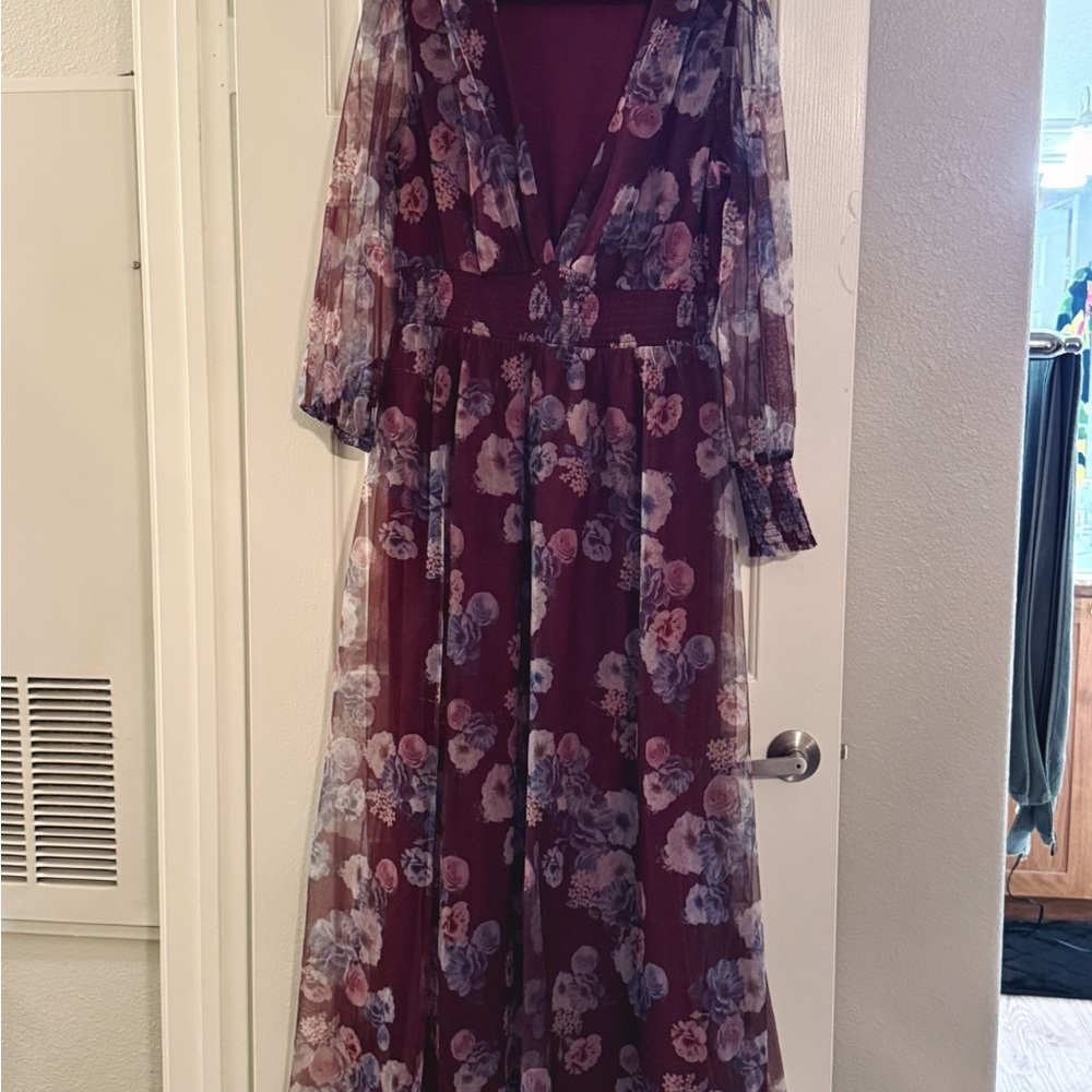 Baltic Born Burgundy and Blue Floral Long Sleeve Dress